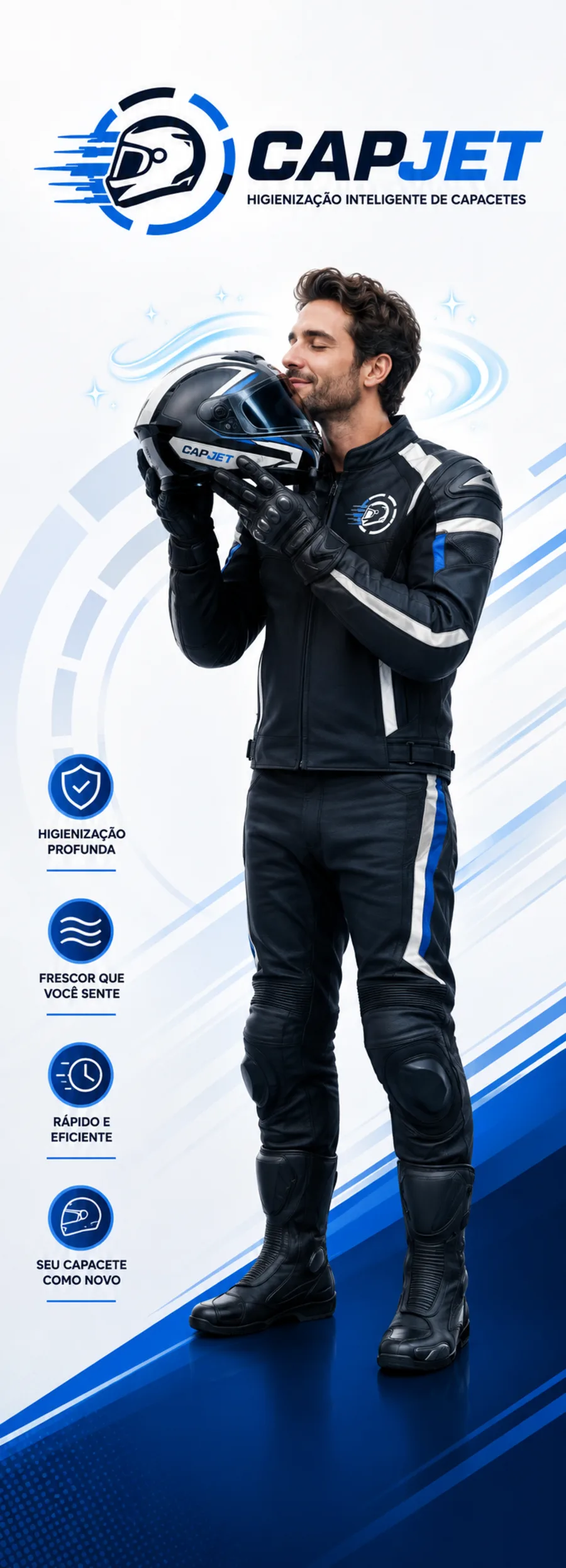 Motociclista equipado cuidando do capacete com a tecnologia CapJet